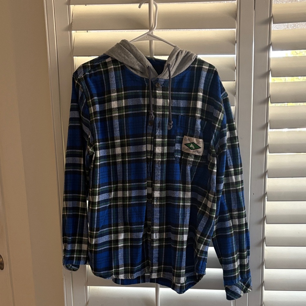 Quiksilver x Saturdays Blue and Green Plaid Hooded flannel